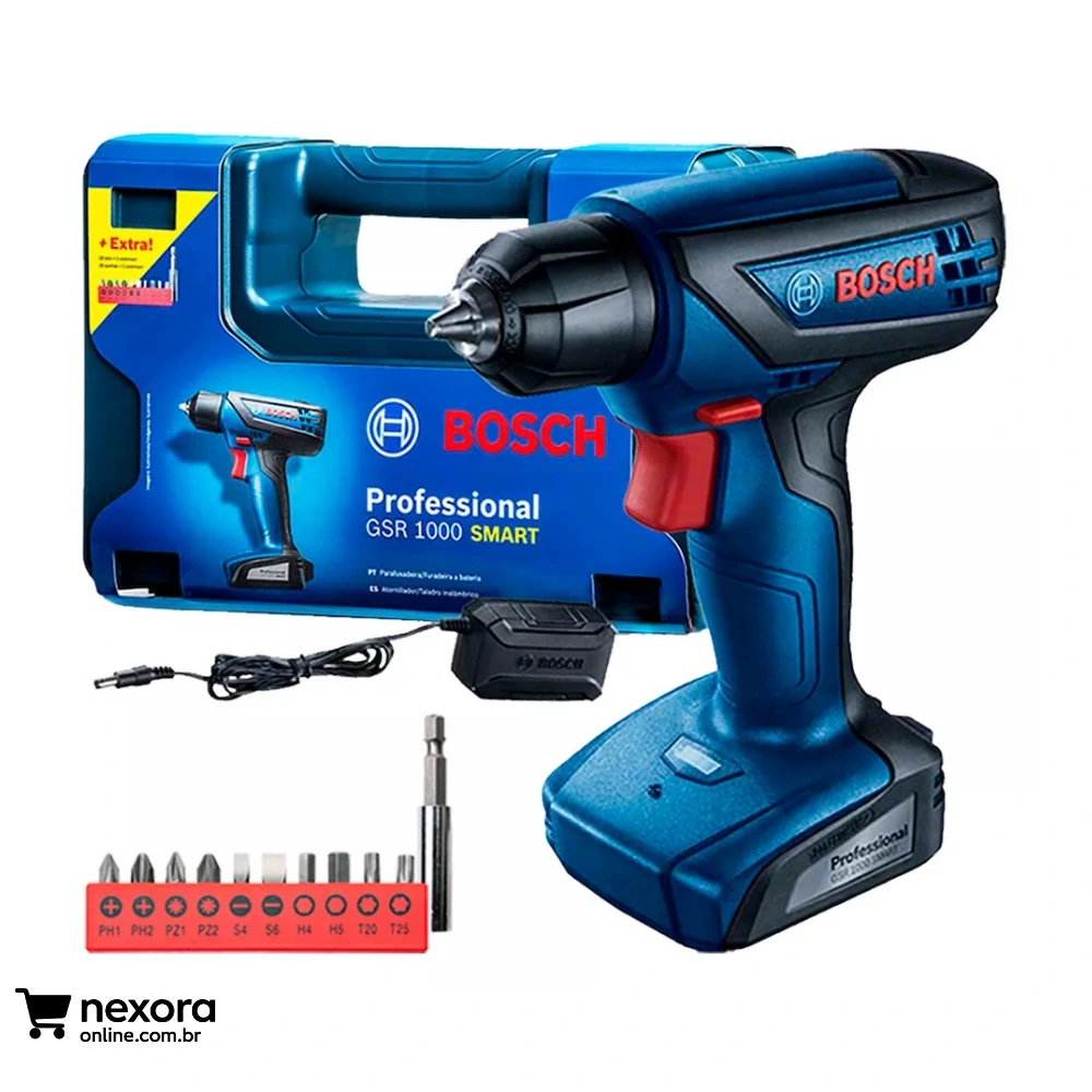 Furadeira Parafusadeira Sem Fio de 6mm Bosch GSR 1000 SMART 12V com Maleta 700rpm Azul - Nexora Online