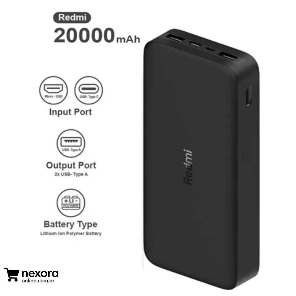 Carregador Portátil 20000mAh Redmi 18W Fast Charge Power Bank Preto - Nexora Online